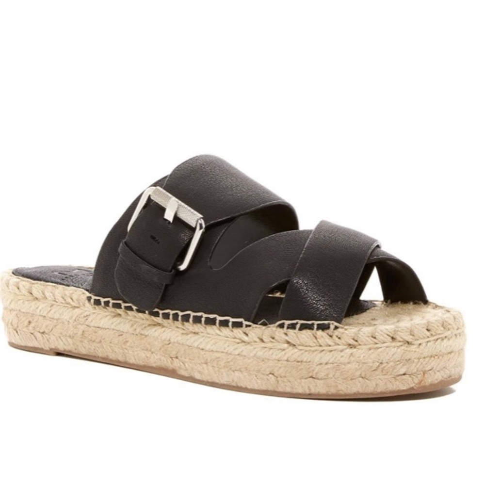 MARC FISHER LTD VENITA Black Leather Platform Espadrille Slides Size 9